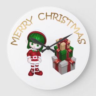 Cute Elf Christmas Große Wanduhr