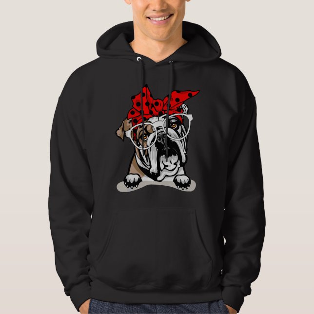 Cute English Bulldog Xmas Red Plaid Headband And G Hoodie (Vorderseite)