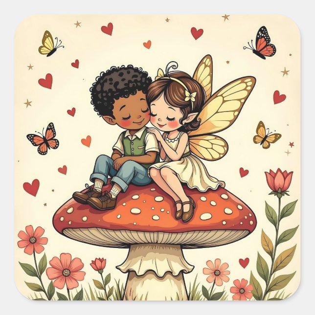 Cute Fairies on Retro Mushrooms Vintage Quadratischer Aufkleber (Vorderseite)