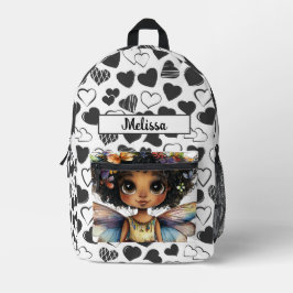 Cute Fairy Black Girl Hearts Customizable Name Bedruckter Rucksack