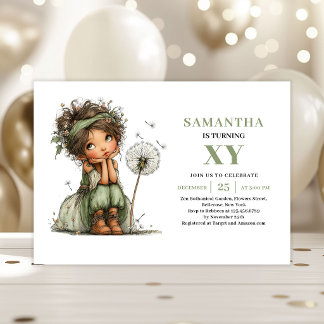 Cute Fairy Girl 5th Birthday Sage Floral Invite Einladung
