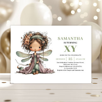 Cute Fairy Girl Birthday Greenery Floral Invite Einladung
