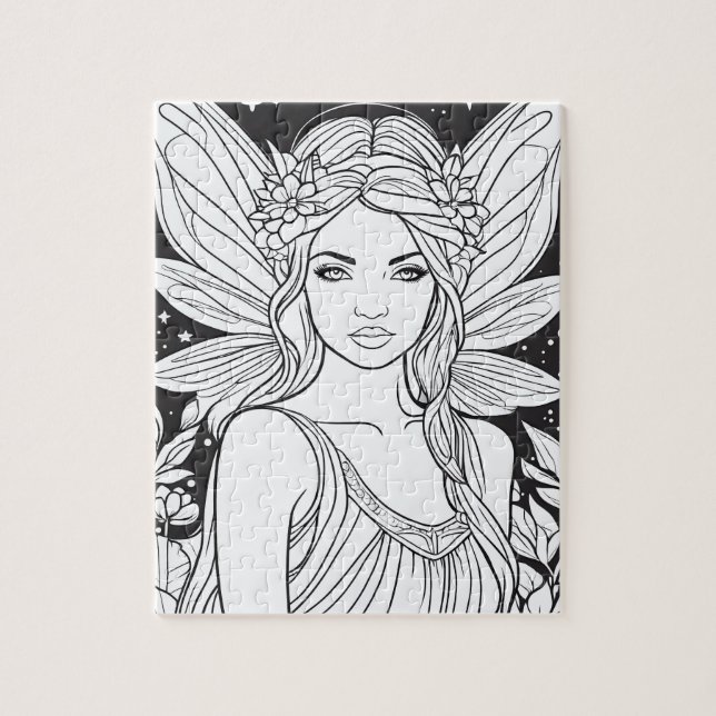 Cute Fairy in Forest Black & White Coloring Puzzle (Vertikal)