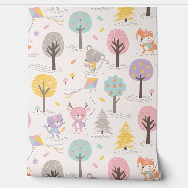 Cute Fall Forest animals with kites and trees Tapete (Abrollen)
