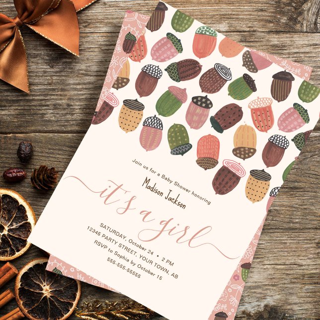 Cute Fall Pink Acorns girl Baby shower Party Einladung (Cute Fall Pink Acorns girl Baby shower Party Invitation)