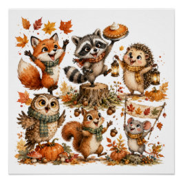 Cute Fall Woodland Animals Playing Poster