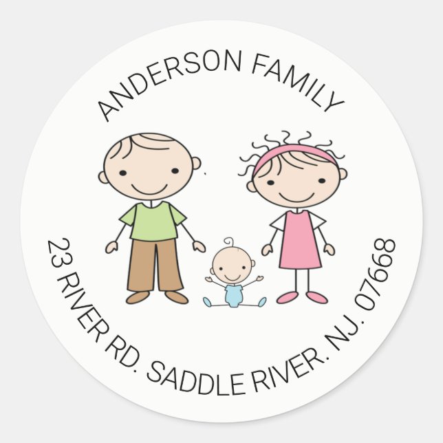 Cute-Familie mit 3 Rücksendeadressen Classic Round Runder Aufkleber (Vorderseite)