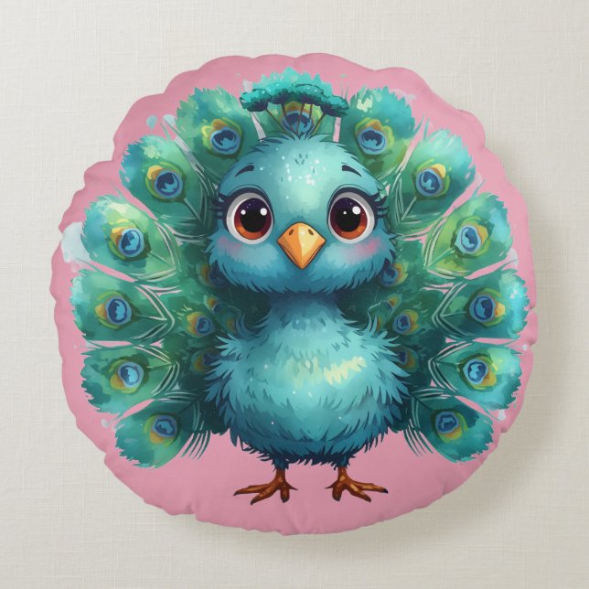 Cute Fantasy whimsical Blue Peacock Rundes Kissen (Vorderseite)