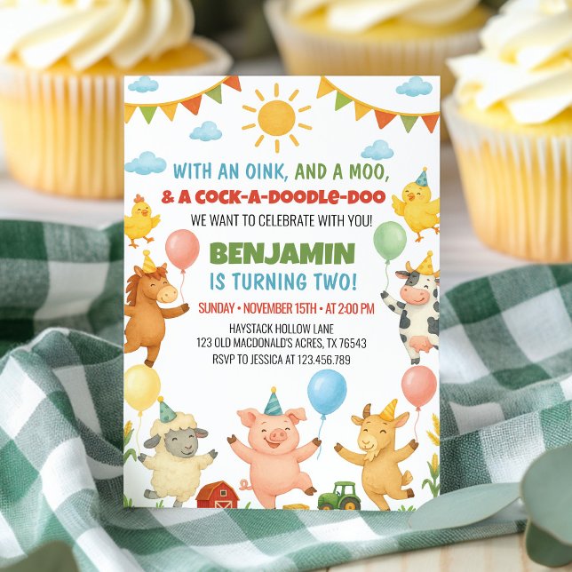 Cute Farm Barnyard Animals Kids Birthday Party Einladung (Von Creator hochgeladen)