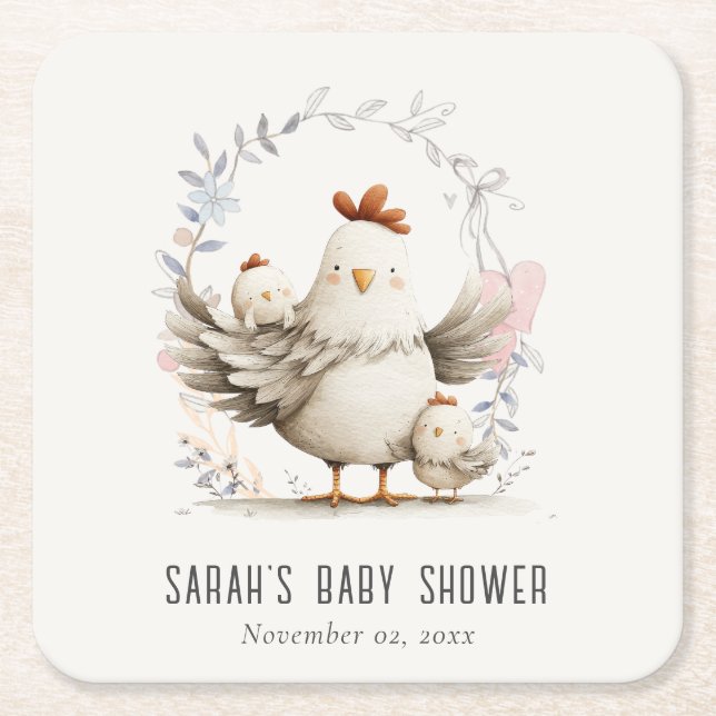 Cute Farm Mum and Baby Chick Floral Baby Shower Rechteckiger Pappuntersetzer (Vorderseite)
