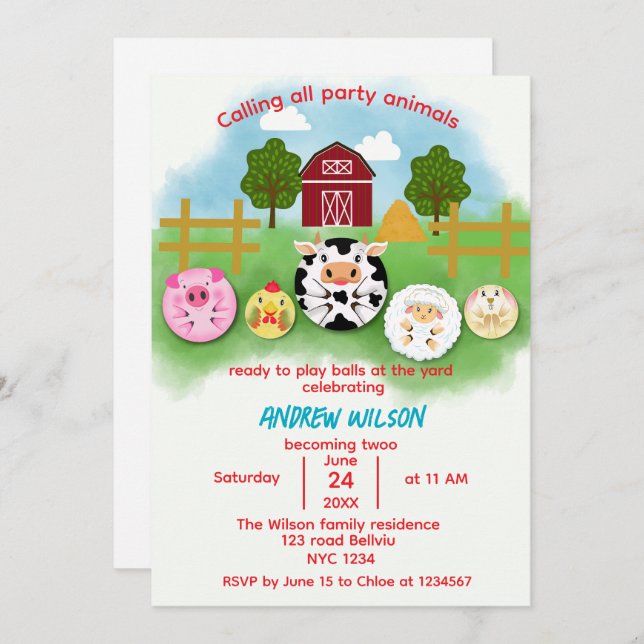 Cute Farm Party Animals Balls Birthday Invitation Einladung (Vorne/Hinten)