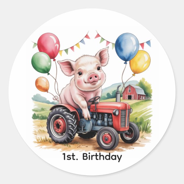Cute Farm Pig On A Tractor 1st. Birthday Party Runder Aufkleber (Vorderseite)