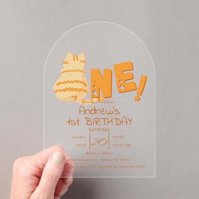 Cute Fat Orange Cat 1st Birthday Acryleinladungen (Insitu (Handheld))