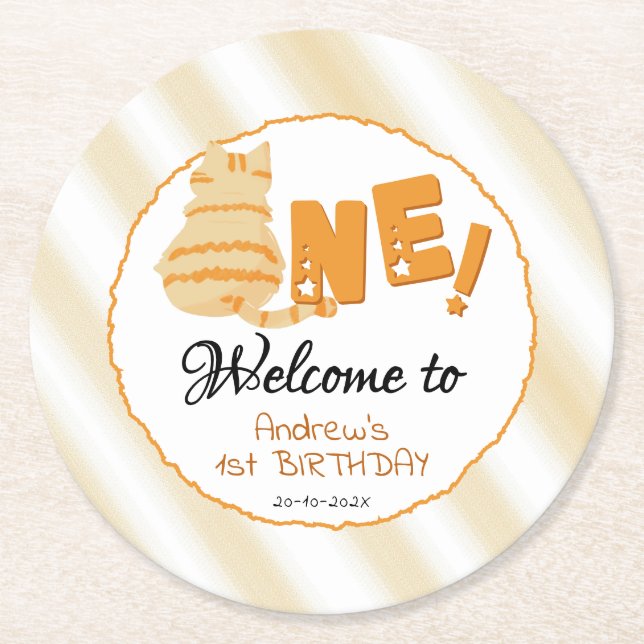 Cute Fat Orange Cat 1st Birthday Runder Pappuntersetzer (Vorderseite)