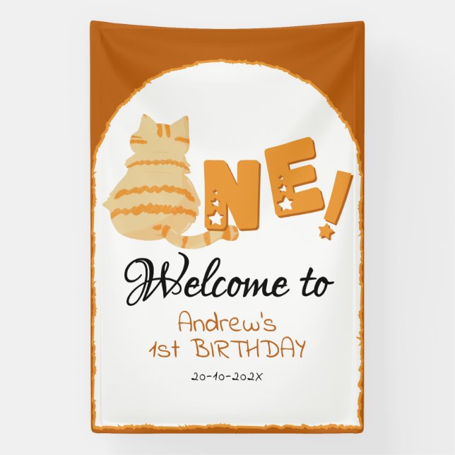 Cute Fat Orange Cat 1st Birthday Welcome Banner (Vertikal)