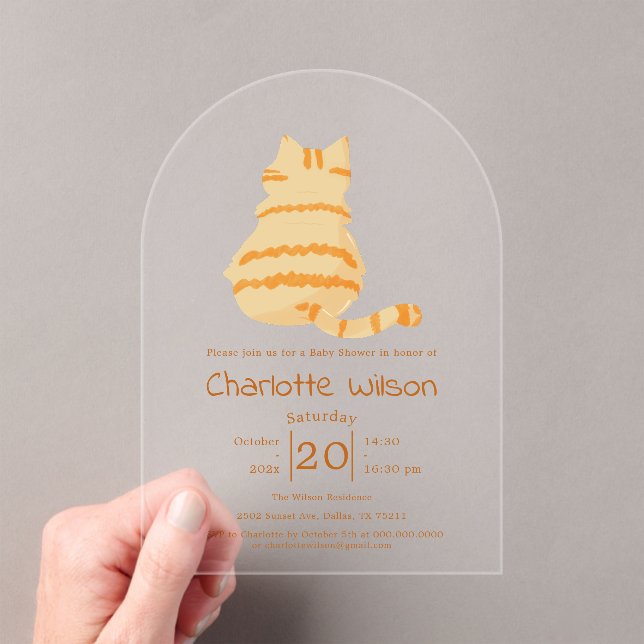 Cute Fat Orange Cat Baby Shower Acrylic Invitation Acryleinladungen (Insitu (Handheld))
