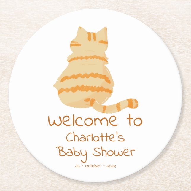 Cute Fat Orange Cat Baby Shower Runder Pappuntersetzer (Vorderseite)