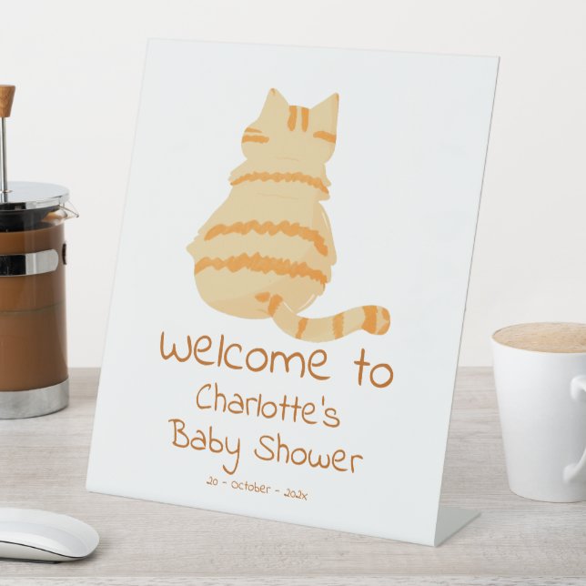 Cute Fat Orange Cat Baby Shower Welcome Sockelschild (In Situ)