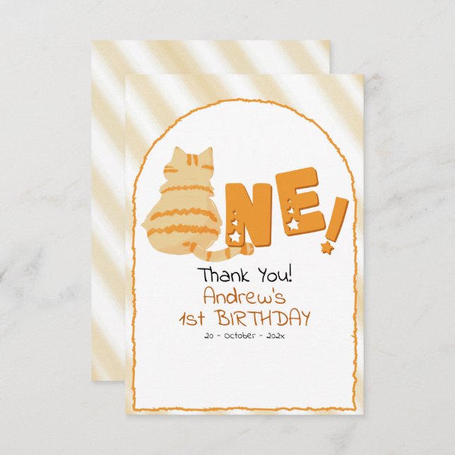 Cute Fat Orange Cat Stripes 1st Birthday Dankeskarte (Vorne/Hinten)