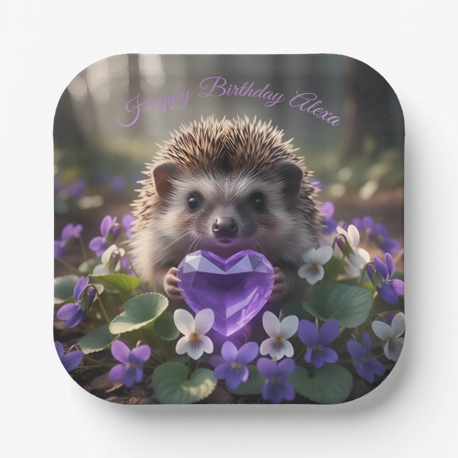 Cute February Hedgehog with Amethyst Heart Pappteller (Vorderseite)