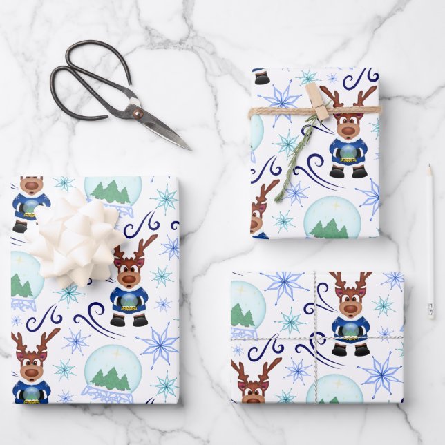 Cute Festive Blue Christmas Reindeer Geschenkpapier Set (Vorderseite)