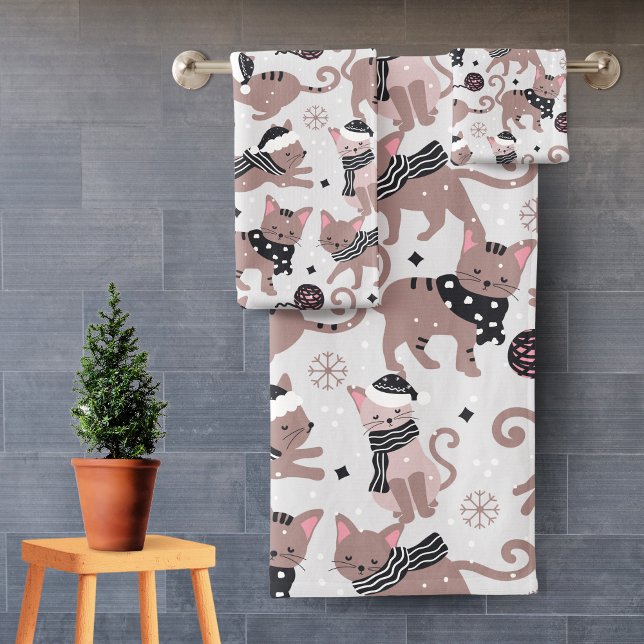 Cute Festive Cat Christmas Pattern Bathroom Badhandtuch Set (Von Creator hochgeladen)