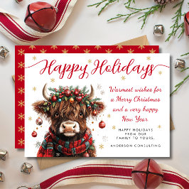 Cute Festive Highland Cow Happy Holidays Business Feiertagskarte