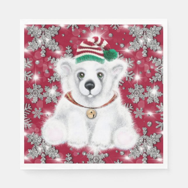 Cute festive holiday Polar bear glitter snowflakes Serviette (Vorderseite)