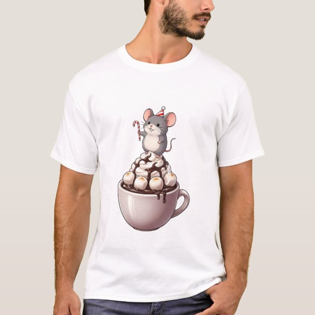 Cute Festive Mouse Standing on Hot Chocolate T-Shirt (Vorderseite)