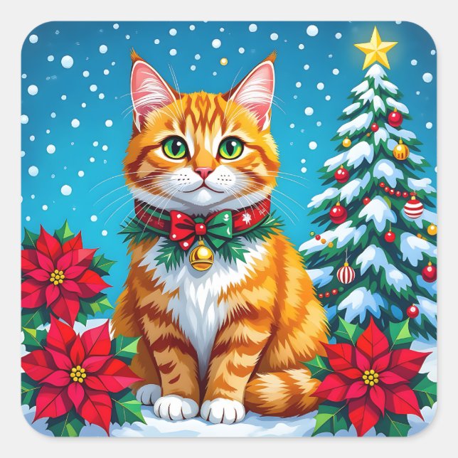 Cute Festive Orange Cat Christmas Quadratischer Aufkleber (Vorderseite)