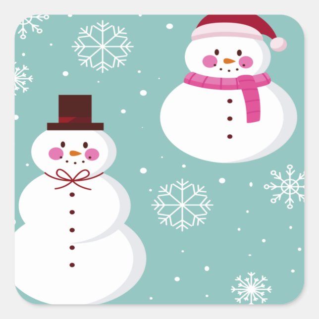 Cute Festive Winter Pink Frosty Snowman Quadratischer Aufkleber (Vorderseite)