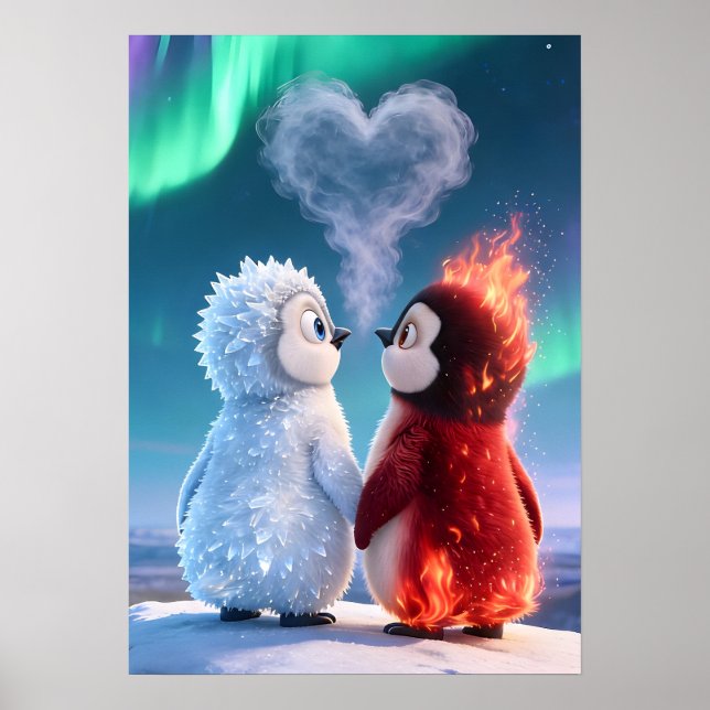 Cute Fire and Ice Penguin Northern Lights Poster (Vorne)