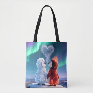 Cute Fire and Ice Penguin Northern Lights Tote Bag