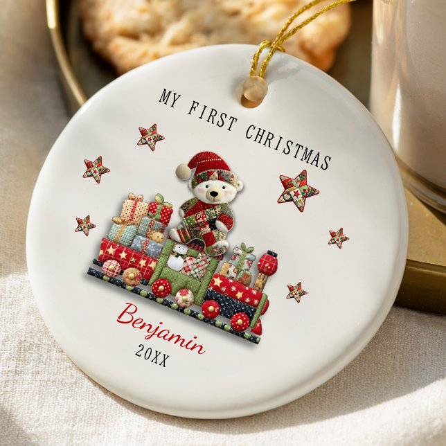 Cute first baby Christmas patchwork bear train Keramik Ornament (Von Creator hochgeladen)