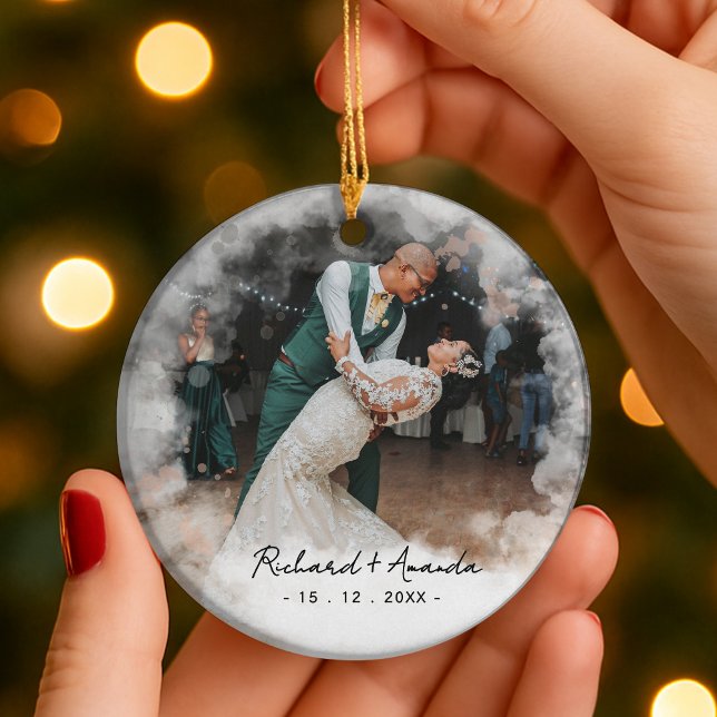 Cute first Christmas engaged faded photo Keramik Ornament (Von Creator hochgeladen)