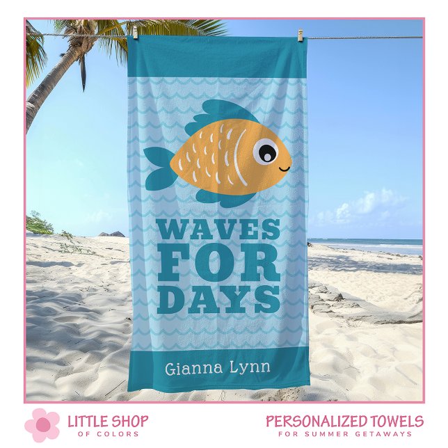 Cute Fish Waves for Days Personalized Kids Strandtuch (Von Creator hochgeladen)