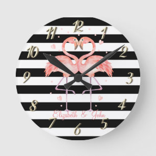Cute Flamingos In Love ,Black White Stripes   Runde Wanduhr