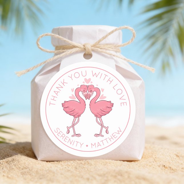 Cute Flamingos Tropical Beach Wedding Thank You Runder Aufkleber (Von Creator hochgeladen)