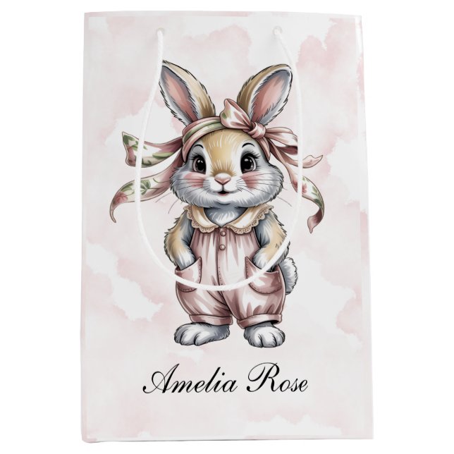 Cute Floral Bunny Girl Baby Shower  Mittlere Geschenktüte (Vorderseite)