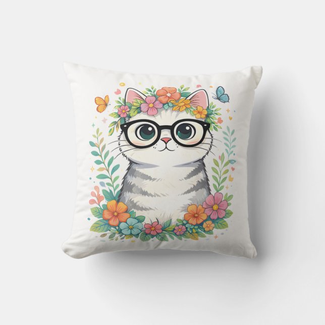 Cute Floral Cat with Glasses Kissen (Vorderseite)