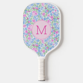 Cute Floral Custom Monogram Pink and Blue Pickleball Schläger