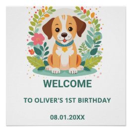 Cute Floral Dog Puppy Baby Boys Birthday Welcome Poster