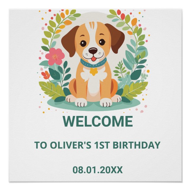 Cute Floral Dog Puppy Baby Boys Birthday Welcome Poster (Vorderseite)
