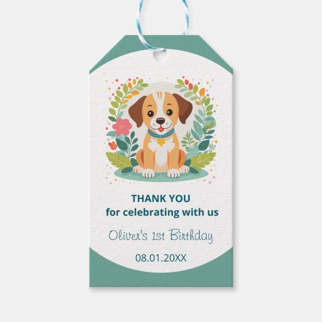  Cute Floral Dog Puppy Kids Birthday Party Geschenkanhänger (Vorderseite)