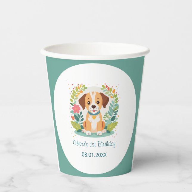  Cute Floral Dog Puppy Kids Birthday Party Pappbecher (Vorderseite)