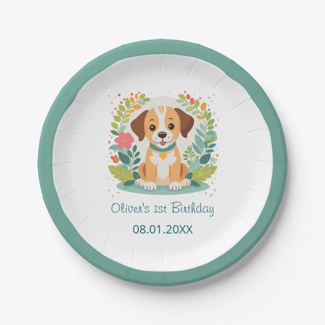  Cute Floral Dog Puppy Kids Birthday Party Pappteller (Vorderseite)