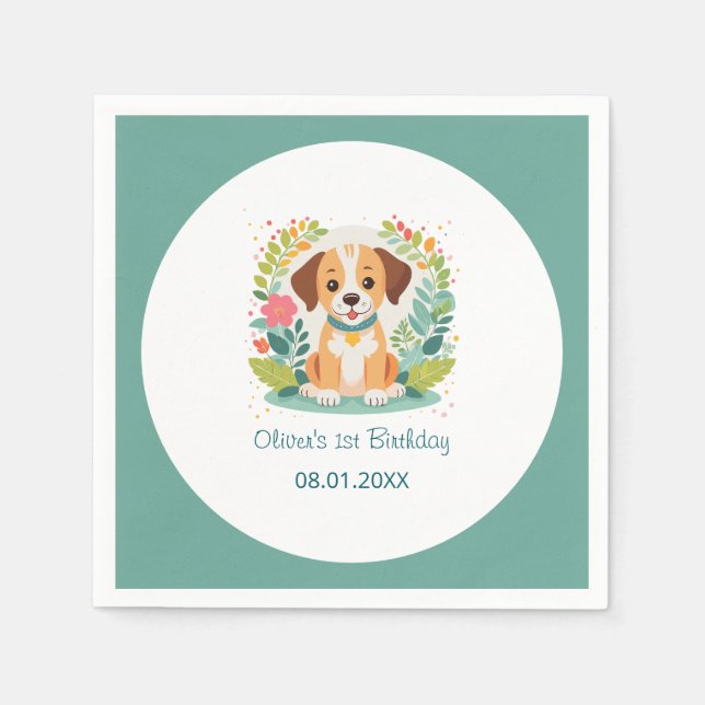  Cute Floral Dog Puppy Kids Birthday Party Serviette (Vorderseite)