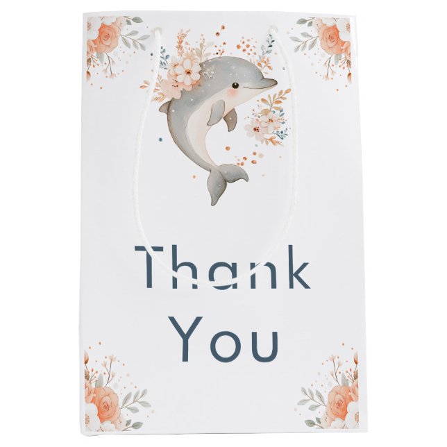 Cute Floral Dolphin Baby Shower Mittlere Geschenktüte (Vorderseite)