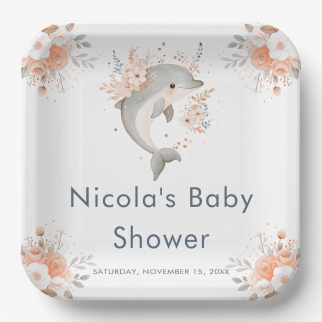 Cute Floral Dolphin  Baby Shower Pappteller (Vorderseite)