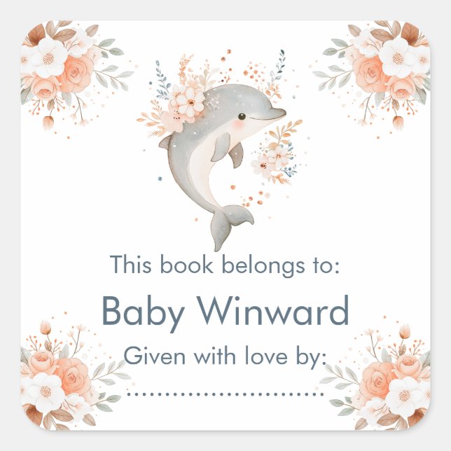 Cute Floral Dolphin Baby Shower Quadratischer Aufkleber (Vorderseite)